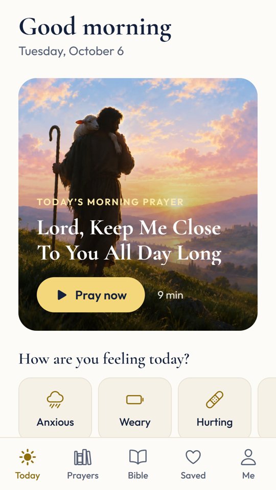 The FaithRise Today screen with the morning prayer